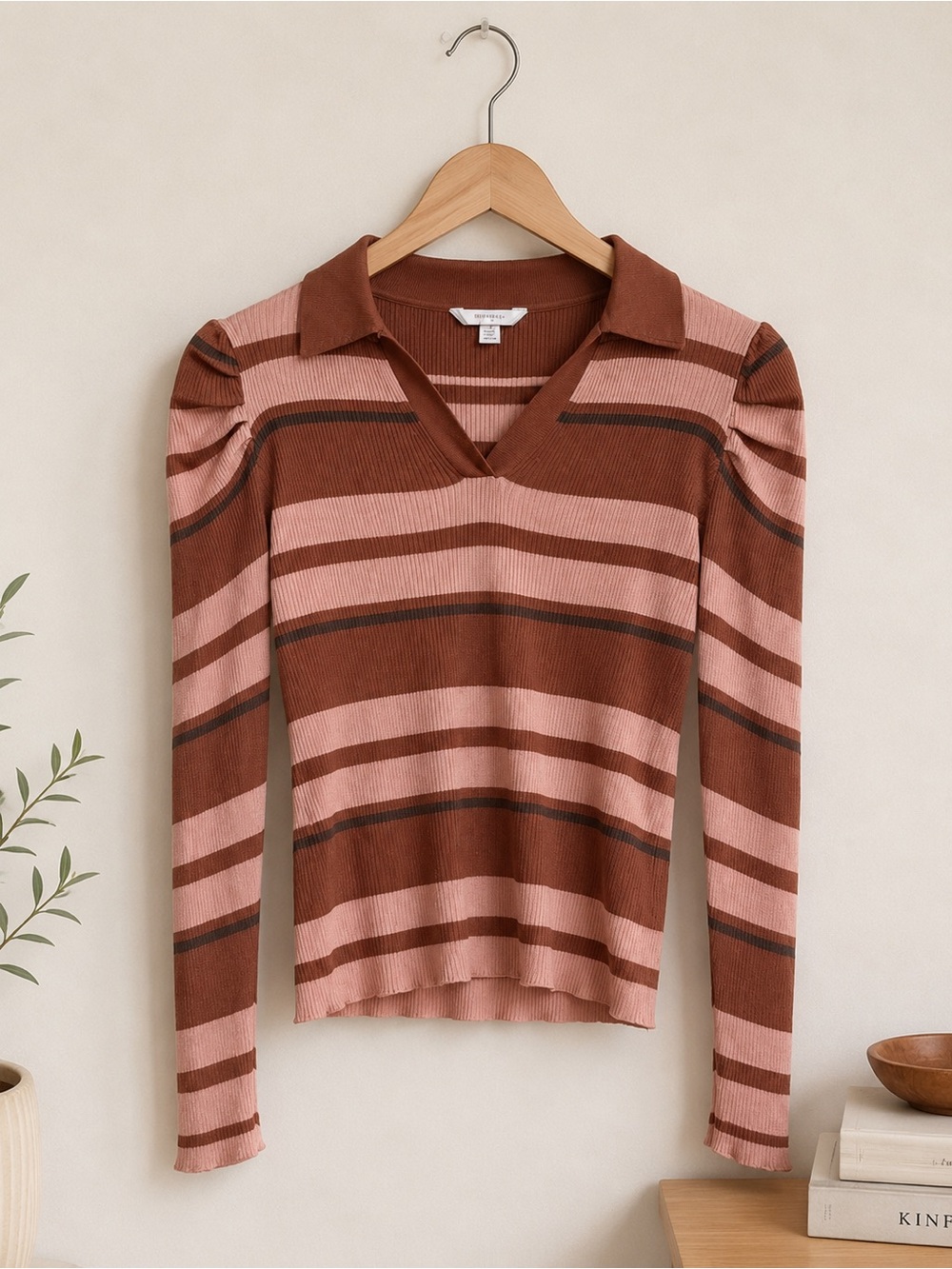 Striped Collared V-Neck Sweater Top - Pink & Brown